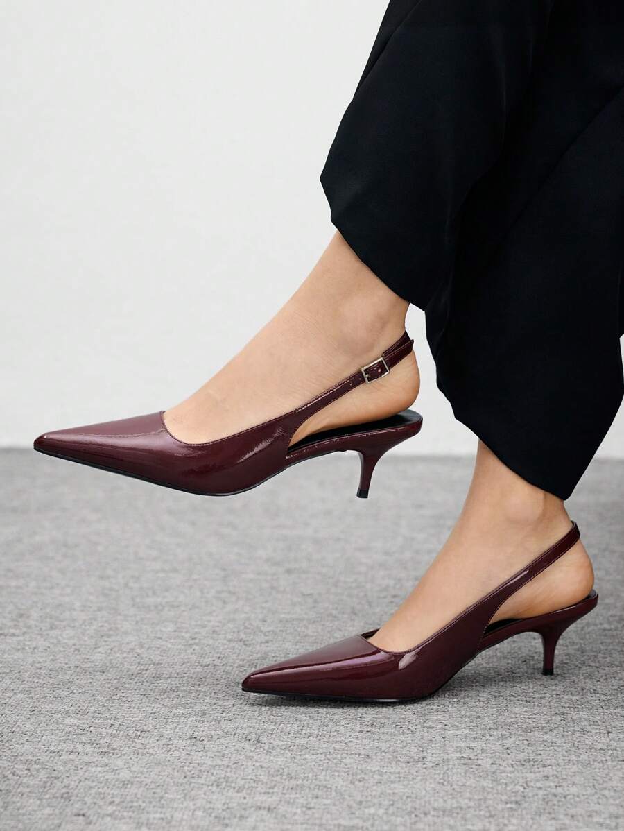 CUCCOO BIZCHIC 1 双女士酒红色漆皮 PU 皮革尖头小猫跟一脚蹬时尚平底鞋 - 酒紅色 - 查看 1