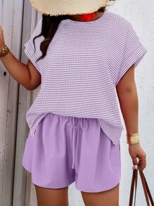 SHEIN Holidaya Plus Size Women Plaid Print Batwing Sleeve Shirt And Shorts Casual Outfit Set Women Summer Sets Woman S Summer Clothes Women S Clothes