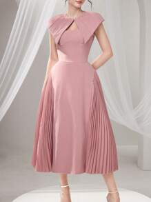 Poshira Elegante abito formale plissettato tinta unita (ricamato pesante), abito da laurea, abito formale da donna taglio lungo, design con perline e paillettes, abito sospensivo estivo da donna per feste, balli e laurea - Rosa - Visualizzare 5