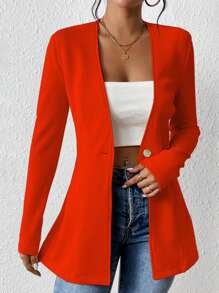 Chiquease Blazer informal de mujer sin forro, sin cuello, de manga larga y delgado - Naranja Quemada - Ver 4