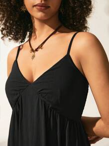 Easelle 寬鬆休閒v領度假風sundress - 黑色 - 查看 4