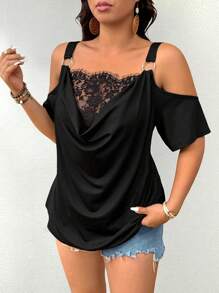 SHEIN LUNE Plus Size Lace Insert Hanging Collar Raglan Shoulder Cut Out Circle Decor Strap Casual T-Shirt, For Going Out & Holiday