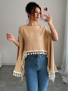 SHEIN Unity Solid Color Asymmetrical Hem Long Sleeve Versatile Blouse Fall Cloth For Women - Khaki - View 1