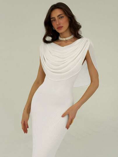 Aloruh Women's Elegant White Knitted Maxi Dress With Cowl Neck And Draped Detailing