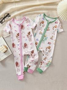 Baby Girls' Cute Girl Holding Rabbits & Bears Pattern Snug Fit Jumpsuit, Minimalist - Multicolor - View 1