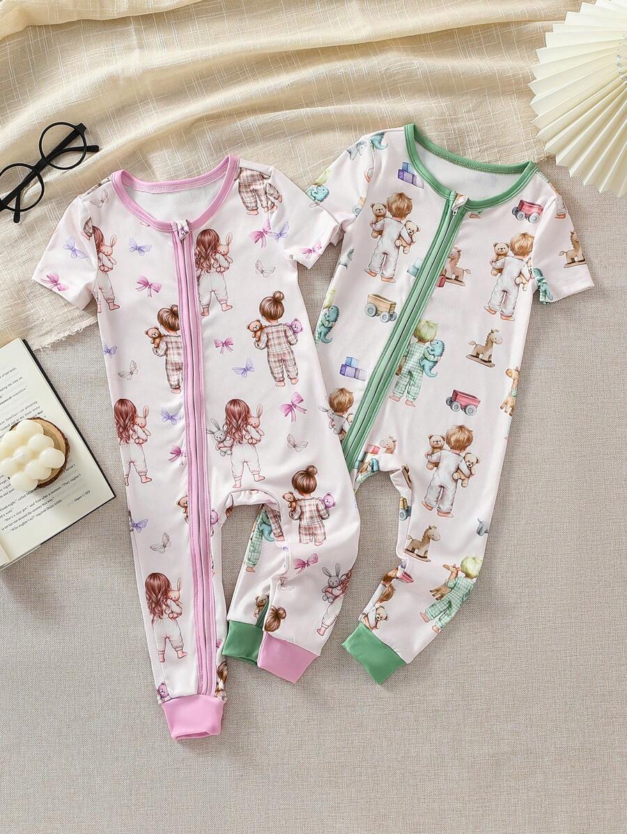 Baby Girls' Cute Girl Holding Rabbits & Bears Pattern Snug Fit Jumpsuit, Minimalist - Multicolor - View 1