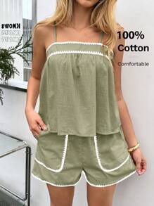 SHEIN Essnce 女士棉麻背心和短裤套装，配以撞色蕾丝花边，非常适合度假 - 軍綠色 - 查看 5