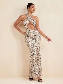 LUNA B Leopard Print Cut Out Sleeveless High Sexy Slit Cross Halter Neck Maxi Dress Party Summer Women Maxi Dress - Multicolor - View 4