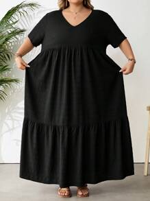 SHEIN CURVE+ Plus Size Solid Color Super Long Dress For Beach/Vacation,Summer Outfits For Womenbeach Outfits For Woman/Beach Dress/Beach Vacation Outfits/Beach Essentials / Graduation/Tea Party Dress