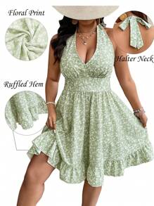 SHEIN Clasi Vestido elegante de gola V com babados, florido, para férias e momentos de lazer - Verde - Visão 1