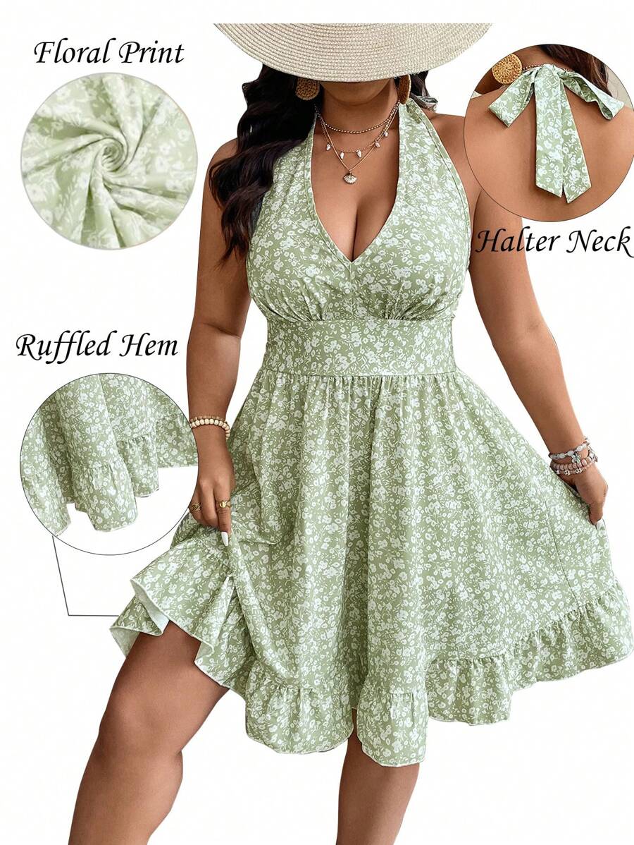 SHEIN Clasi Vestido elegante de gola V com babados, florido, para férias e momentos de lazer - Verde - Visão 1