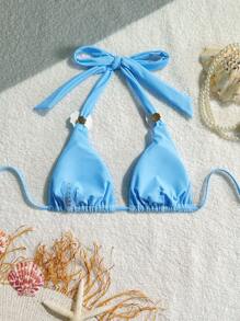 SHEIN Swim 女士浅蓝色夏季休闲露背三角比基尼上衣，百搭泳装、泳池派对、度假 - 淺藍色 - 查看 5