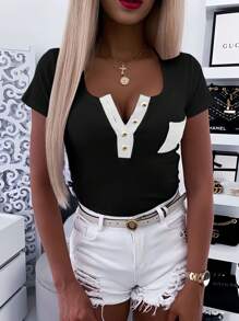 INAWLY 性感开叉领纽扣撞色休闲女式 T 恤