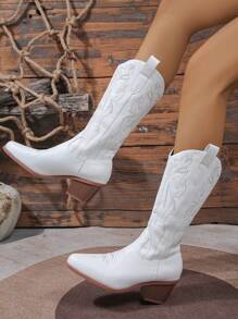 ROMWE Fairycore Giày bốt cao bồi miền Tây thêu mũi nhọn màu trắng cho nữ, xỏ vào, mùa xuân/thu - trắng - Xem 3