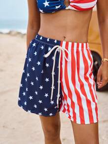 SHEIN Swim 女式夏季休闲条纹星星美国国旗印花拼接抽绳腰部蝴蝶结装饰短裤，7 月 4 日 - 彩色 - 查看 5