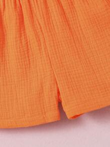 SHEIN 2pcs Young Boy Casual Minimalist Academy Cotton Short Sleeve Shirt And Shorts, Suitable For Daily, Academy, Outing, Play, Spring/Summer Getaway, Holiday, Travel, Relax, Sunbathing, School, Campus, College - Orange - View 7