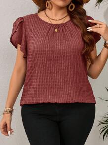 EMERY ROSE Plus Size Women Blue Floral Petal Sleeve Blouse, Early Spring - Rust Brown - View 3