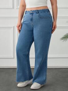 RueChic Plus Size Women High Waist Pocket Wide Leg Loose Casual Jeans Women Clothing Jeans Women S Plus Work Clothes Women Wide Leg Jeans Women - Medium Wash - View 1