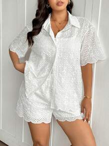 SHEIN Frenchy 大码休闲简约度假镂空刺绣纯色 2 件套女士夏季 - 白色 - 查看 6