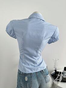 Elamini Women Striped Casual Versatile Fitted Polo Collar Shirt, Spring/Summer