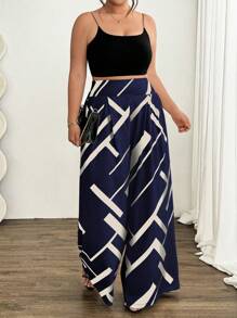 Elenzga Digital Printing Geometric Pattern Elegant Loose Plus Size Wide Leg Pants For Women Fall Cloth For Women