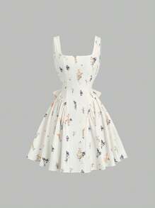 Sweetra Mini-rochie sexy, fără spate, fără mâneci, cu mâneci, pliate, subțire, cu imprimeu floral, retro american, cu buline, guler asimetric