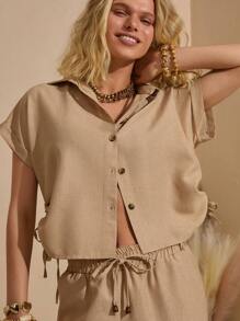 Bóhologie Boho Bohemela Womens Clothing Women Summer Clothes  White Casual  Germany Seaside Holiday, Suitable For Everyday, Out Of The Street, Holiday And Other Occasions To Wear Casual Style, Effortless Linen Feeling Rushing Detailed Short Sleeve Shirt With Relaxed Fit Pant  Suitable For Everyday, Out Of The Street, Holiday And Other Occasions To Wear - Beige - View 3