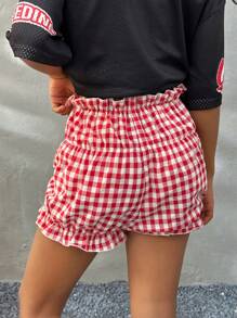 SHEIN Tween Girls Summer Bubble Grid Lantern Lace Girls Are Casual Shorts For Spring/Summer Ruffle Shorts Summer Shorts Red Shorts Scrunch Shorts Shorts>Girl - Red - View 3