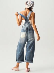 Bohemela 女士宽松纯色梭织牛仔背带裤，带口袋，休闲