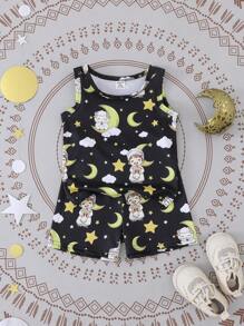 Set de 2 piezas de top sin mangas con estampado de oveja y pantalones cortos para niño pequeño, conjunto casual, lindo y cómodo para uso diario