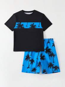 Teen Boys Coconut Tree tryckt topp och slumpmässigt tryckta badbyxor set, sommarsemester - Blå - Visa 6
