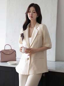 DAZY Solid Color Short Sleeve Women's Lapel Single Breasted Casual Blazer Jacket Business Attire - Apricot - View 5