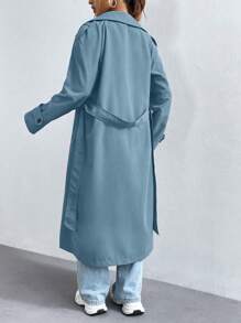 Flirla Women's Solid Color Double-Breasted Long Sleeve Long Trench Coat Fall Winter Cloth For Women - Blue - View 2