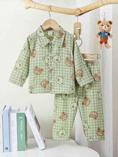 2pcs Baby Boy Cute Elegant Classic Plaid Bear Print Casual Comfortable Long Pants & Long Sleeve Homewear Set