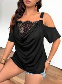 SHEIN LUNE Plus Size Lace Insert Hanging Collar Raglan Shoulder Cut Out Circle Decor Strap Casual T-Shirt, For Going Out & Holiday