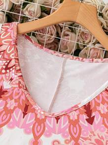 SHEIN LUNE Plus Size Women Floral Print V-Neck Sleeveless Casual Dress - Orange - View 4