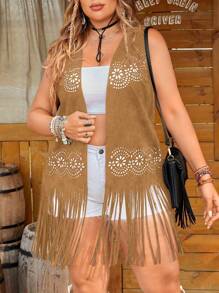 SHEIN LUNE Plus Size Solid Color Hollow Out Fringe Trim Casual Sleeveless Cardigan Winter Fall Autumn - Brown - View 4