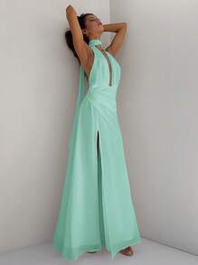 Aloruh 女式深 V 领露背高低长款雪纺连衣裙，配有腰带，适合婚礼、派对、节日、春夏季