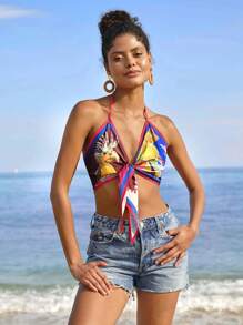 Travachic Women's Tropical Plant Print Tie Front Cropped Cami Tank Top, Vacation Style