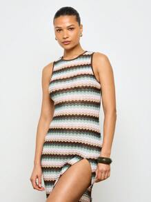 AiiRZ Rochie maxi în dungi chevron cu gât înalt, cu fantă laterală Summer Beach Resort, fără mâneci, lungime la podea, tricotată, rochie de seară de vacanță - Multicolor - Vizualizare 3