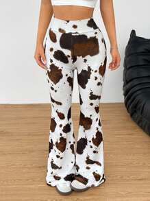 SHEIN EZwear Easter Curve 女款复古奶牛印花阔腿裤，适合节日和音乐节穿着 - 彩色 - 查看 4
