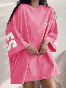 DAZY Women Letter Print Round Neck Drop Shoulder Loose Casual Versatile T-Shirt Oversized T-Shirt,Back To School Clothes - Watermelon Pink - View 6