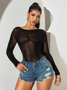Sirith Women's Hollow Out Mesh Round Neck Long Sleeve Sexy Bodysuit