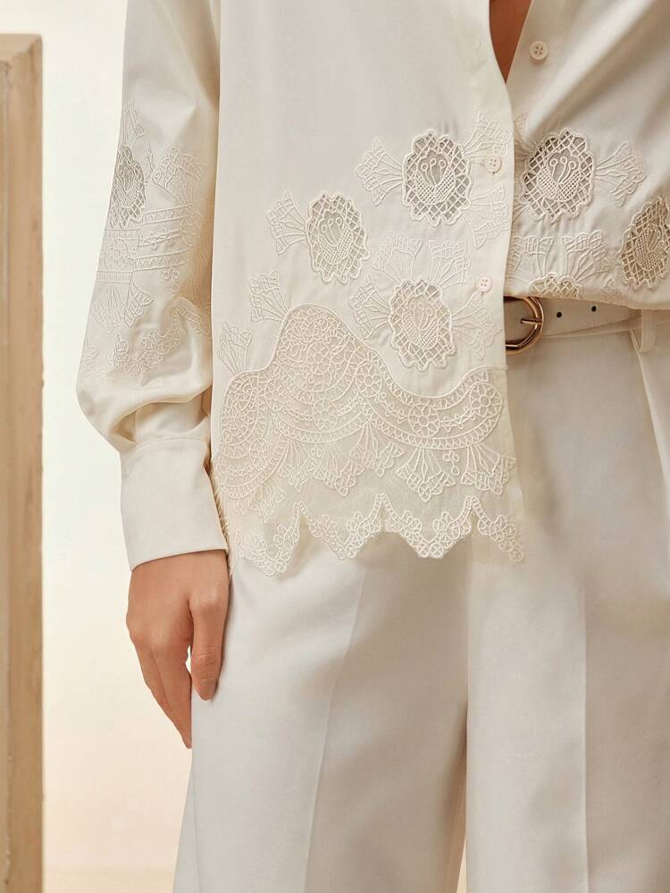 Women's Elegant Embroidered Floral Lace Insert Semi-Sheer Blouse, Spring/Summer Festival/Graduation