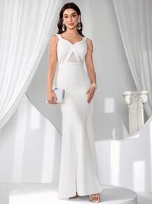 Coutiva Robe de soirée élégante avec ornements de chaîne, cadeau de remise des diplômes, robe de cérémonie pour femmes, robe longue, design perlé, sequins, robe d'été à bretelles pour femmes, robe de soirée, pour invités de mariage - Blanc - Voir 6