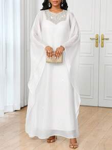 SHEIN Lady Women's White Pearl Embellished Woven Maxi Dress: Elegant Round Neck, Long Sleeve, And Flared Hem Modest Style