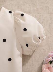 SHEIN Young Girl Sweet & Cute Polka Dot Print Puff Sleeve Top And Double Layer Cake Skirt Full Outfit, Summer, Suitable For Parties - Apricot - View 5