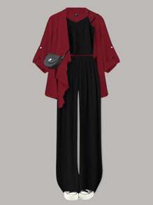 SHEIN LUNE 大码女式纯色编织外套 + 吊带背心 + 宽松休闲裤 3 件套 - 紅色 - 查看 1