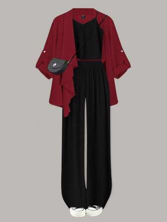 Linhara 大码女式纯色编织外套 + 吊带背心 + 宽松休闲裤 3 件套