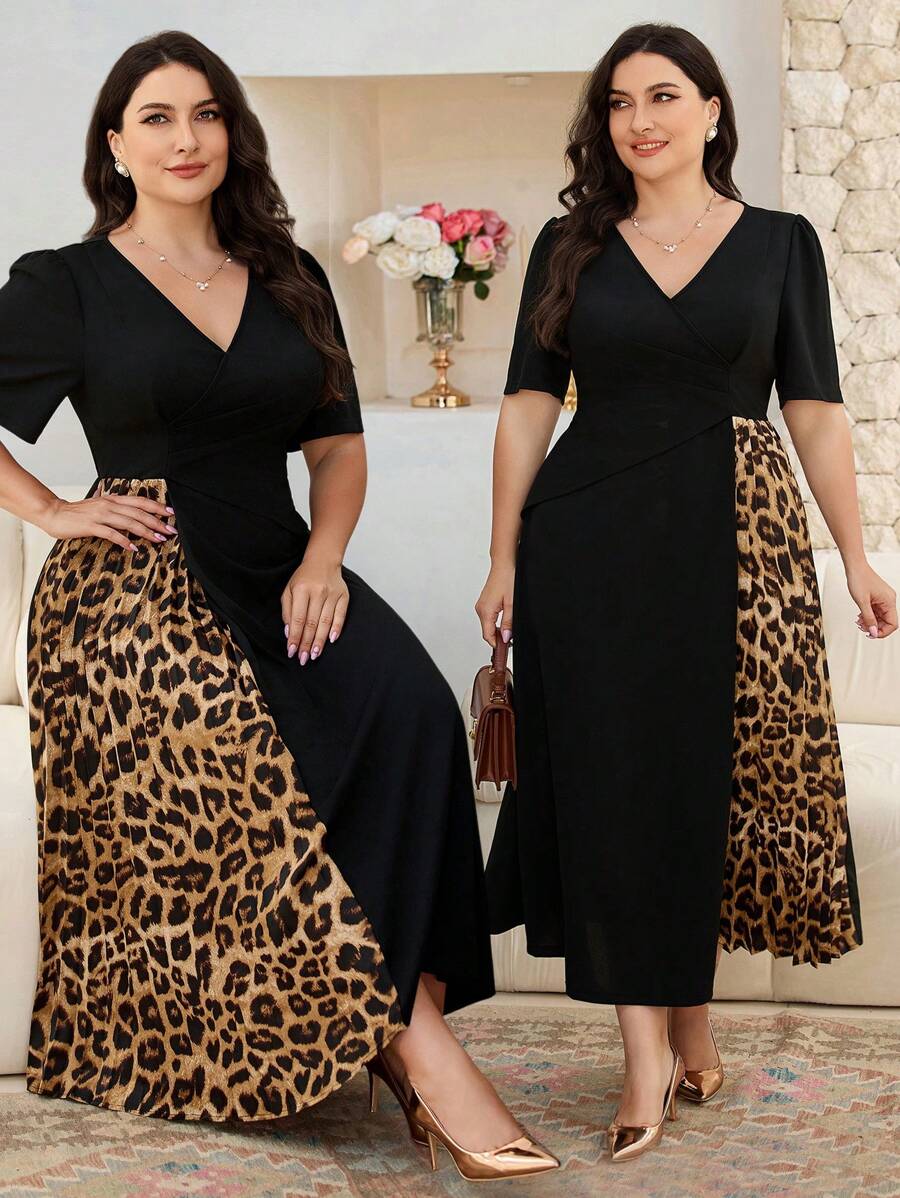 Modelyn Plus Size Elegant Leopard Print Patchwork Pleated Dress - Multicolor - View 1